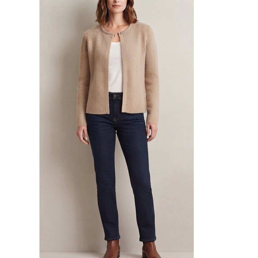 J. McLAUGHLIN Cardigan Sweater Open Front‎ Sz XS Wool Cashmere Angora Blend Tan